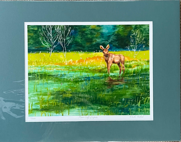"Moose Calf Surprise" – Matted Watercolor Print, Ready to Frame
