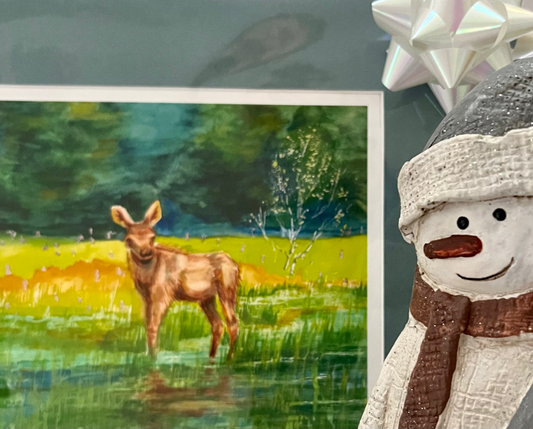 "Moose Calf Surprise" – Matted Watercolor Print, Ready to Frame