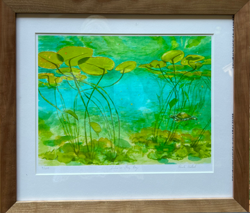 "Lilies in Frog Bay" Aquatic Turtle & Lilies Matted & Framed Watercolor Print