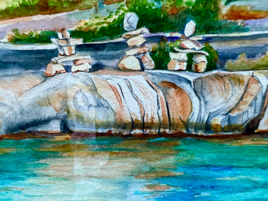 "Hemlock Inuksuit" – Georgian Bay Stone Figures, Matted Watercolor Print, Ready to Frame