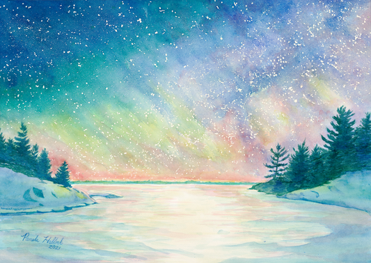 "Winter Sky" – Lake Huron Northern Lights Matted Watercolor Print