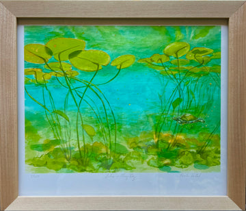 "Lilies in Frog Bay", Aquatic Turtle & Lilies Framed Watercolor Print