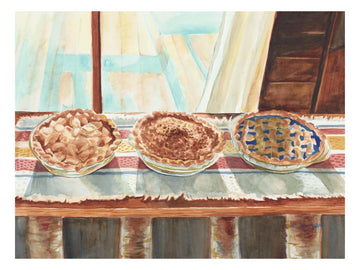 "Three Pies Cooling", Watercolor Print | Peach, Apple & Blueberry Still Life