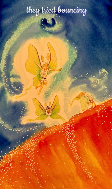 Watercolor painting of three tiny fairies bouncing on a glowing gumdrop in grass, with soft light, swirling motion, and delicate wings in a whimsical scene