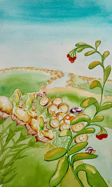Watercolor illustration of tiny gumdrop fairies resting beside a glowing candy garden with smiling cookie flowers and luminous green hills from The Night The Gumdrop Fell by Pamela Hallock.