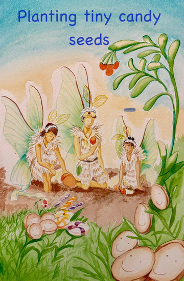 Watercolor illustration of tiny glowing fairies planting candy seeds beneath a soft morning sky in a peaceful fairy garden from The Night the Gumdrop Fell by Pamela Hallock.