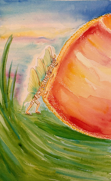 Watercolor painting of three tiny fairies pushing a glowing gumdrop together beneath a soft blue sky with hints of morning light