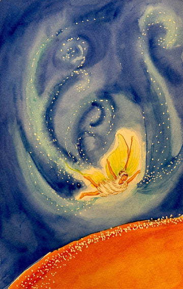Watercolor fairy glowing with light, flying through swirling blue sky above a bright orange gumdrop