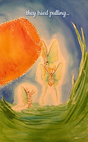 Watercolor painting of three tiny fairies pulling a large glowing gumdrop in grass, with soft light and delicate wings in a magical scene