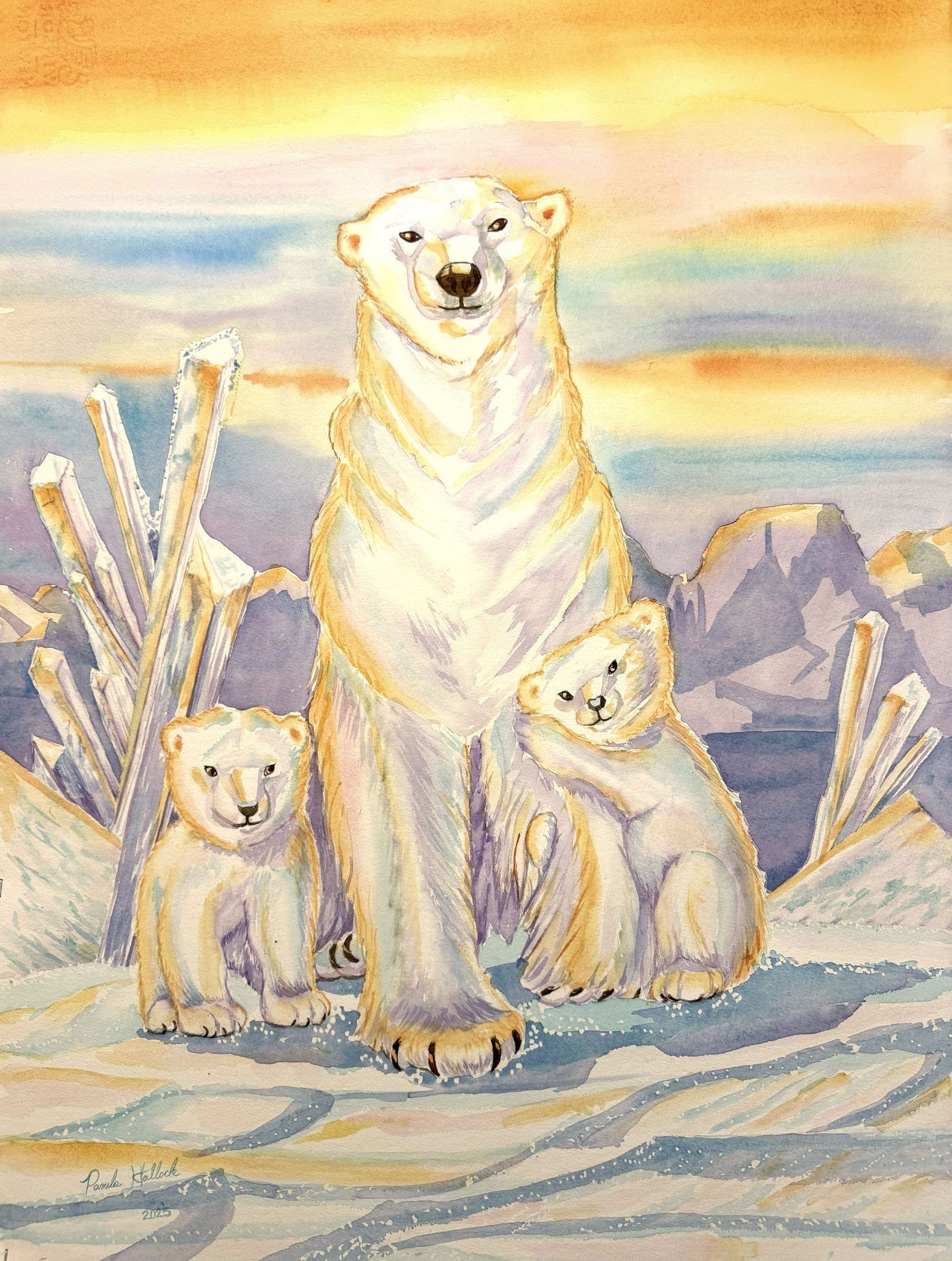 Watercolor Polar Bear Tutorial: Removing Resist + Painting Golden Highlights on Mother & Cubs