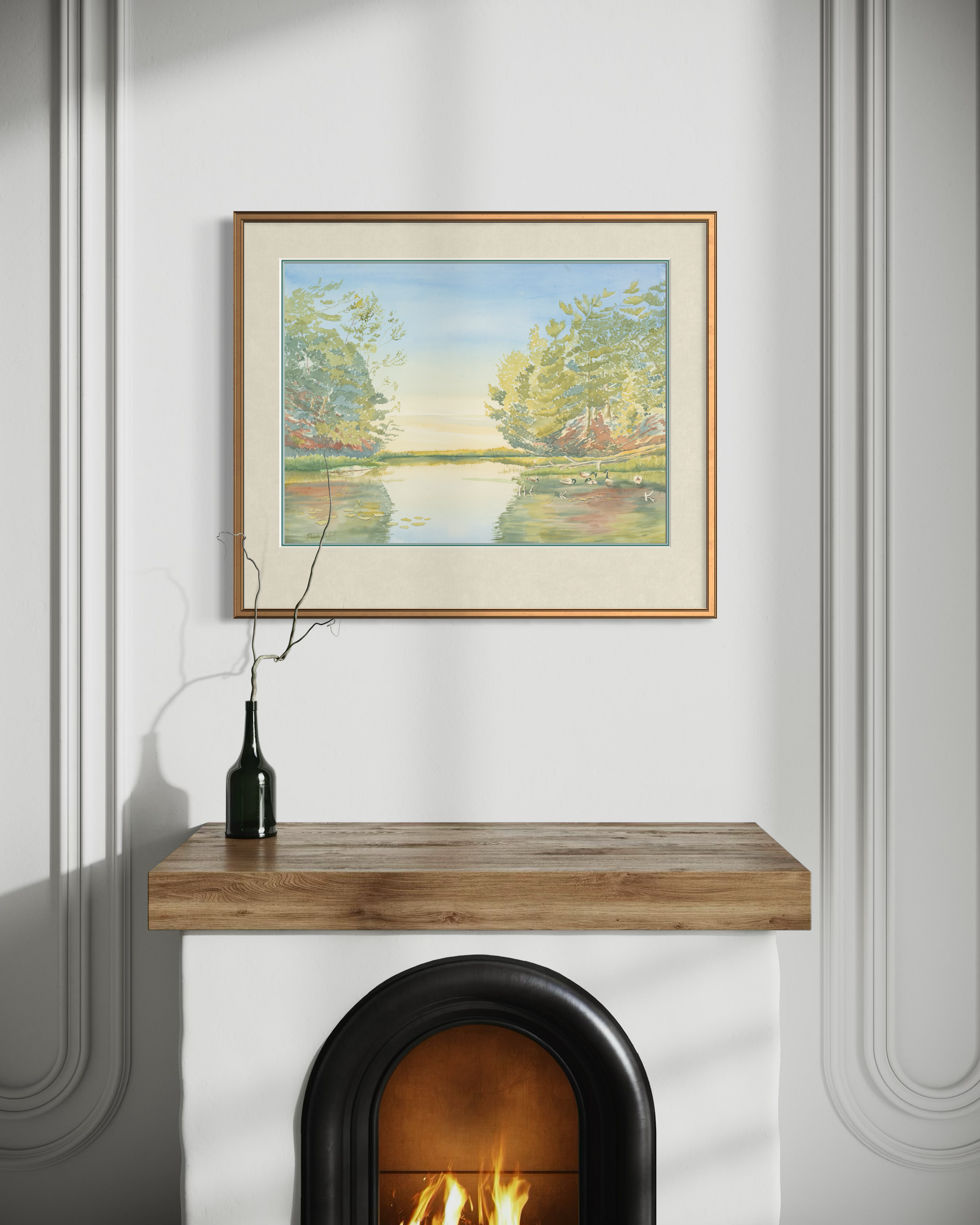 Framed Turtle Bay watercolor above fireplace in neutral living room