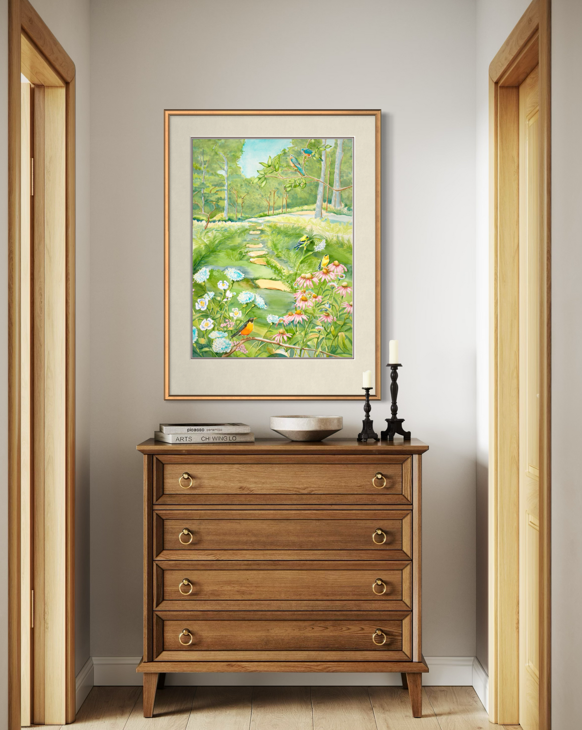 

**Midwest Garden watercolor by Pamela Hallock featuring a robin, goldfinches, bluebirds, a titmouse, pink coneflowers, white poppies, and summer greenery.*
