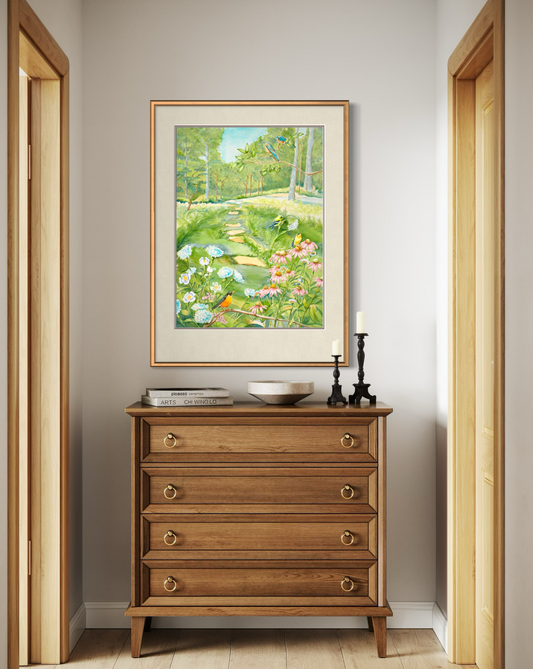 

**Midwest Garden watercolor by Pamela Hallock featuring a robin, goldfinches, bluebirds, a titmouse, pink coneflowers, white poppies, and summer greenery.*

