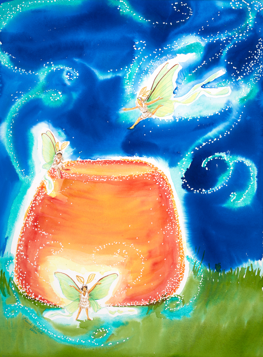 The Night the Gumdrop Fell fairy watercolor print featuring three glowing fairies and a giant gumdrop beneath a magical night sky by Pamela Hallock.