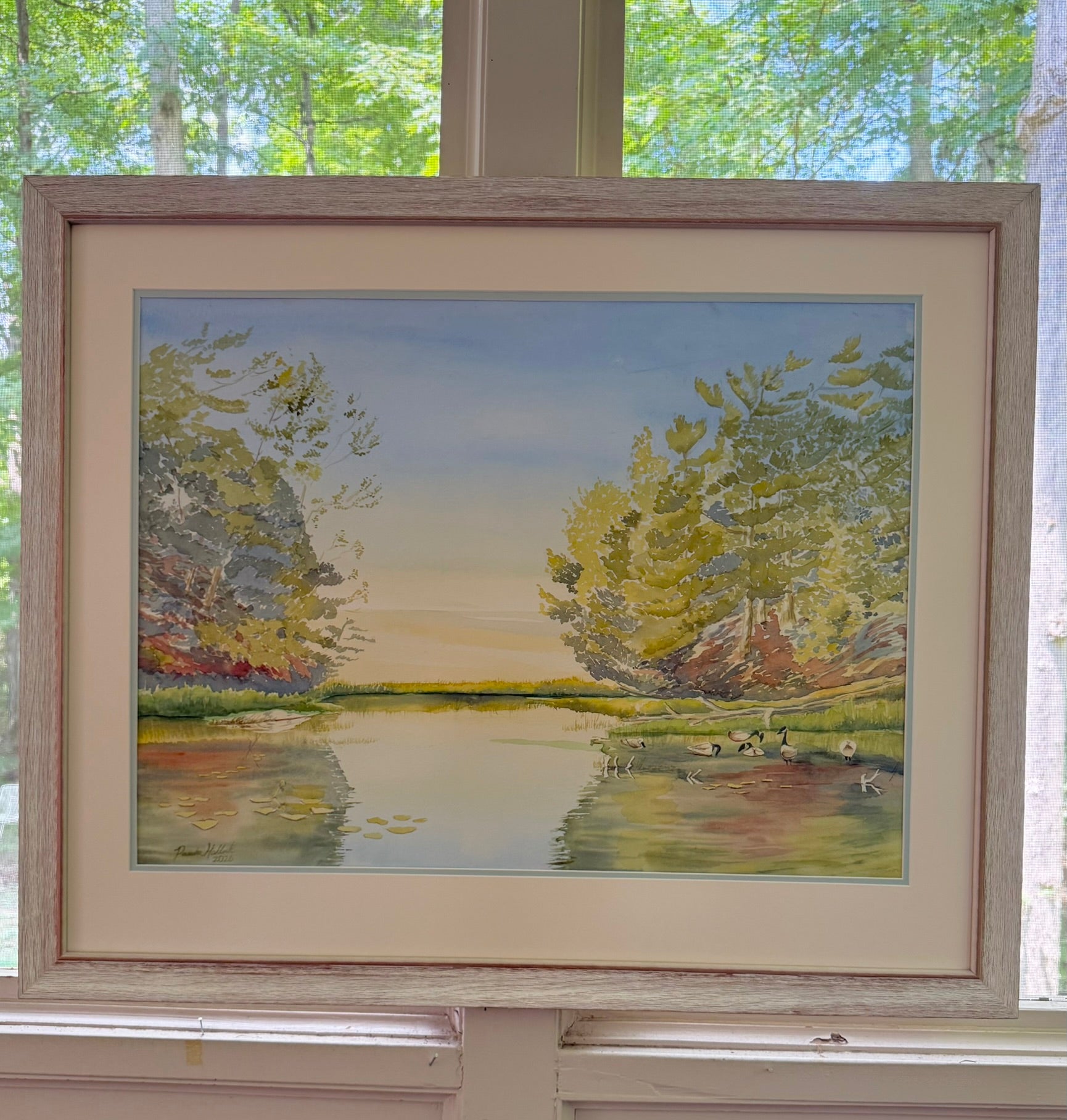 Framed original watercolor painting "Turtle Bay" displayed in natural light, featuring a peaceful sunrise, calm water, water lilies, and shoreline pines inspired by Georgian Bay.