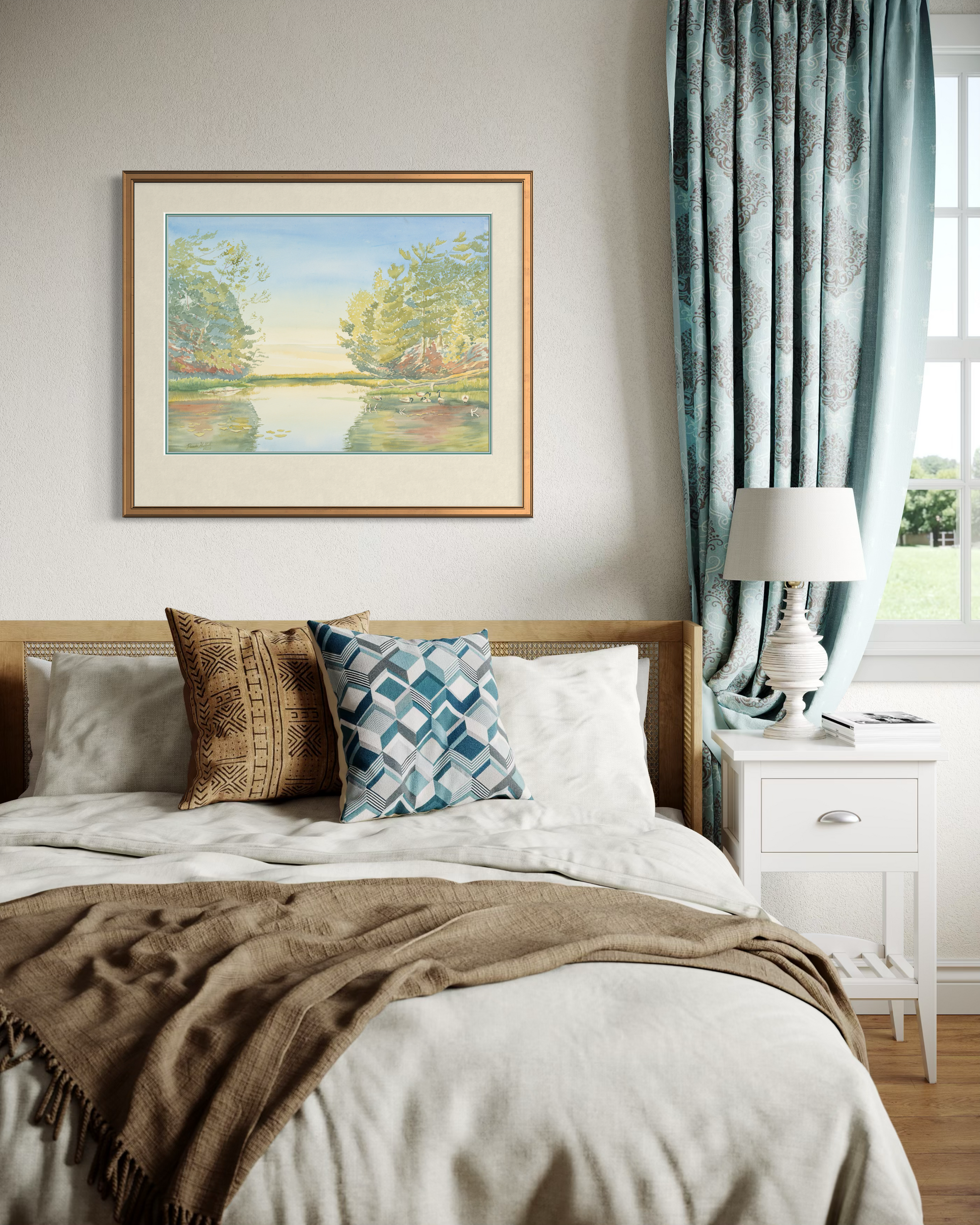 Turtle Bay Lake Huron art print displayed in bedroom with blue accents