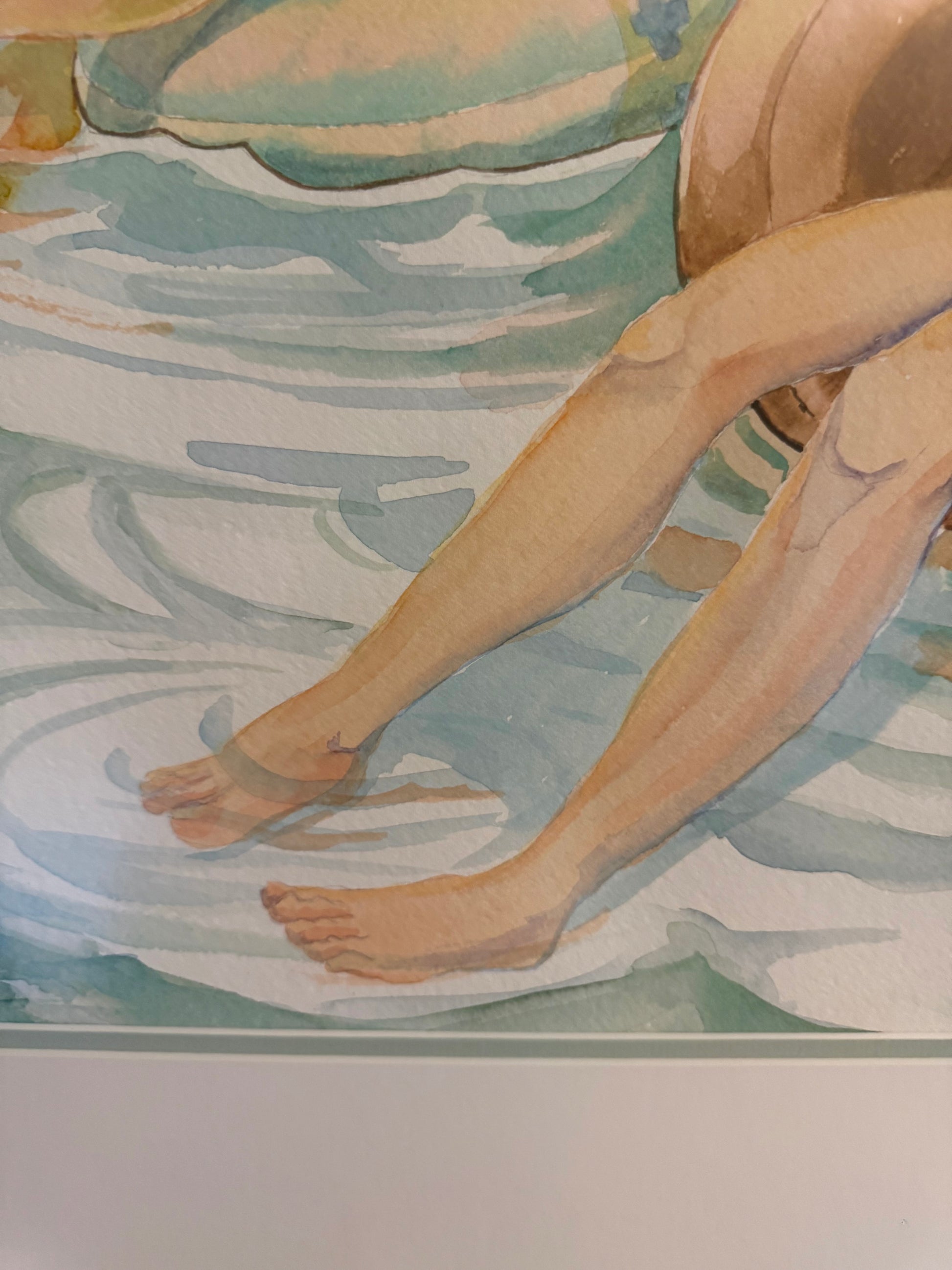 Detail of the original watercolor "Pink Skies" by Pamela Hallock, showcasing luminous transparent washes, flowing water, and delicate reflections surrounding a floating figure.