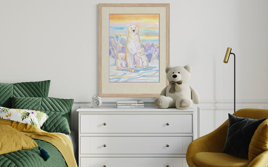 Mother Polar Bear and Cubs Fine Art Print – Luminous Watercolor Arctic Wildlife