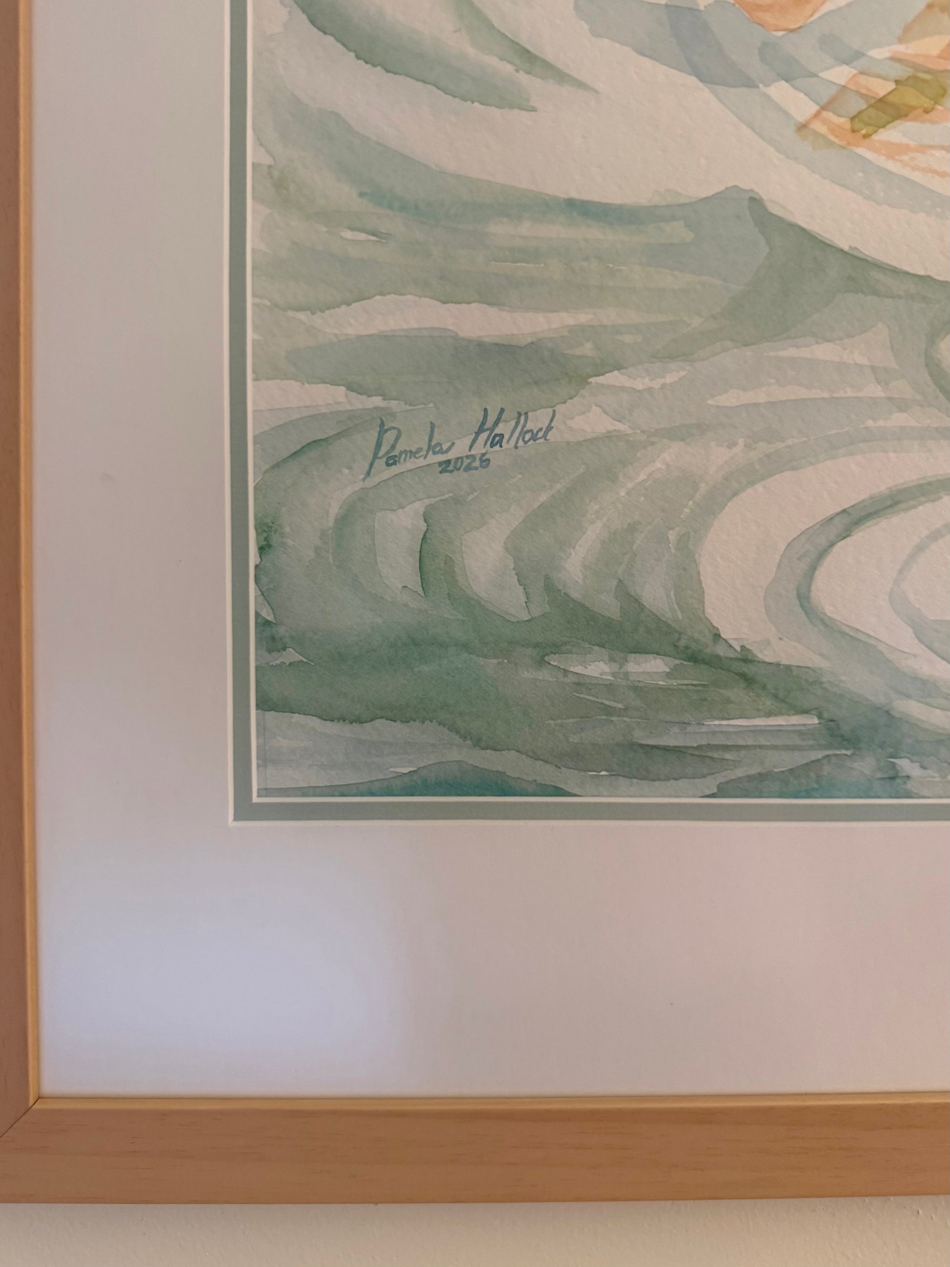 Detail of the hand-signed original watercolor "Pink Skies" by Pamela Hallock, highlighting the artist's signature and transparent watercolor technique.