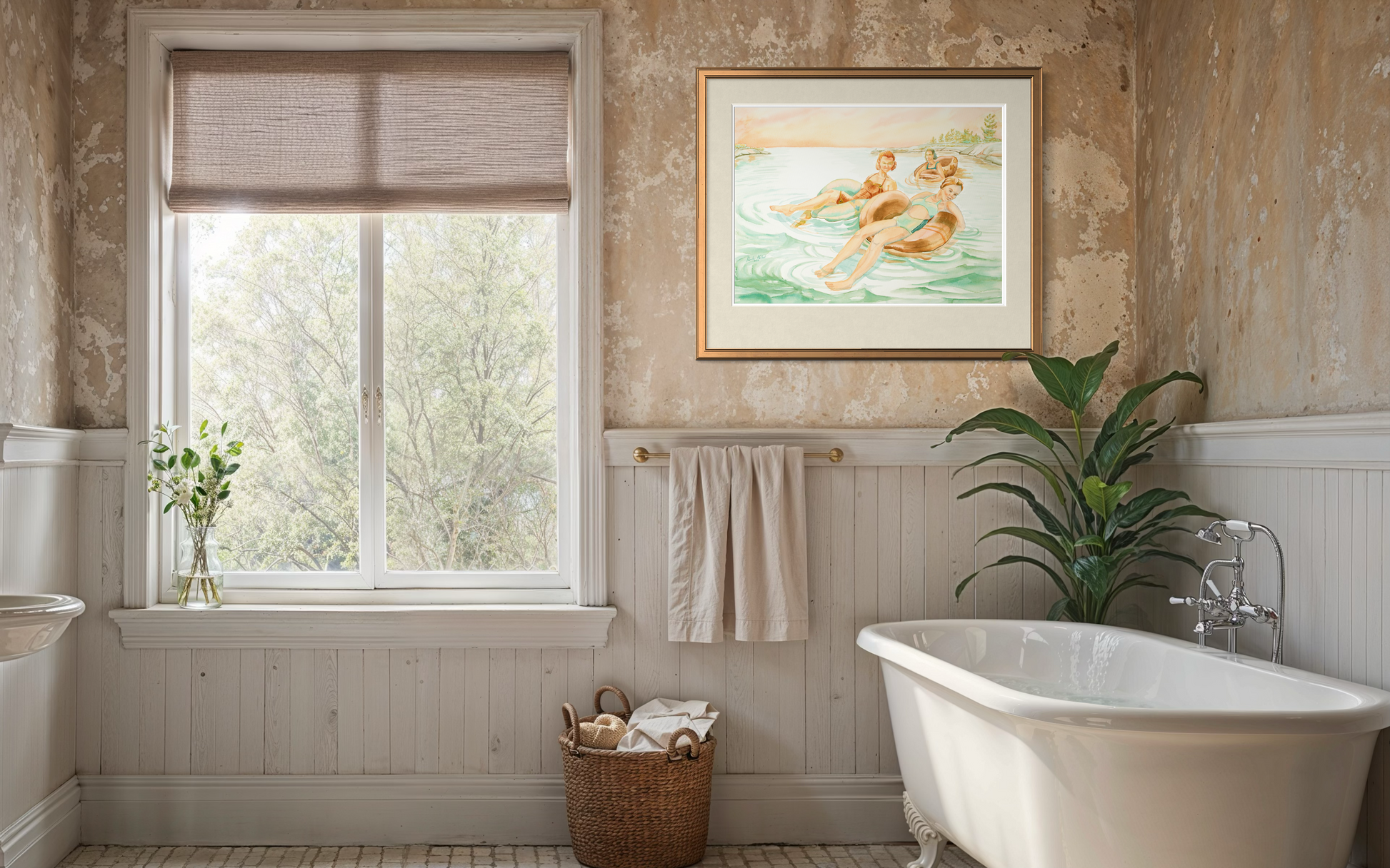 Framed Georgian Bay watercolor print Pink Skies displayed above a bathtub