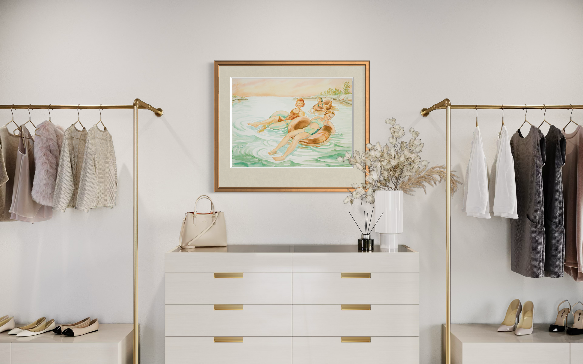 Pink Skies watercolor print styled above a wooden dresser with modern decor