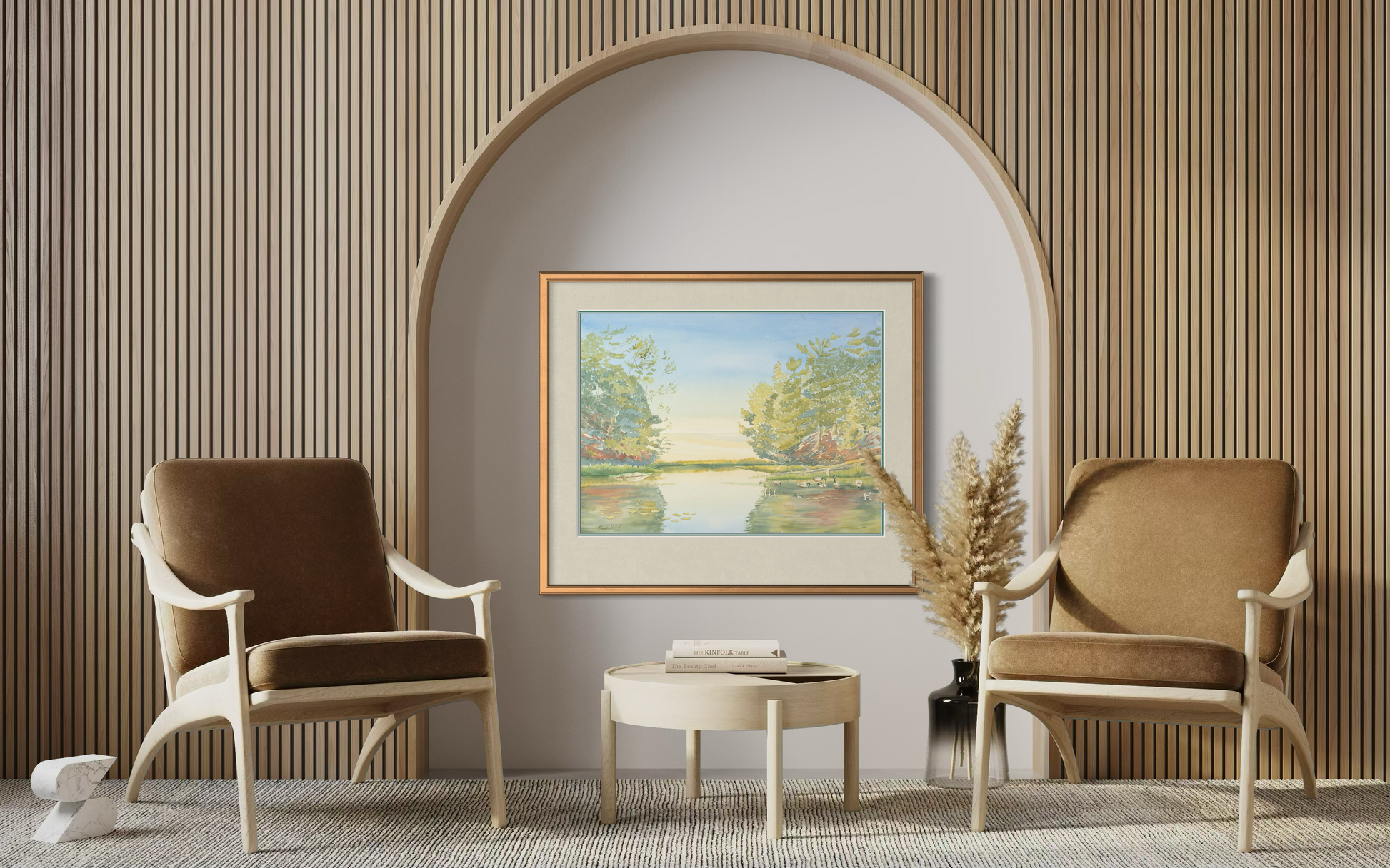 Framed Turtle Bay Georgian Bay watercolor print styled in an elegant arched alcove with twin armchairs and soft neutral décor.