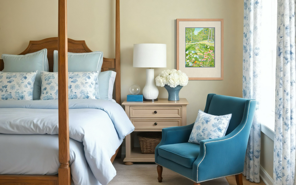 Midwest Garden watercolor print by Pamela Hallock framed in a warm bedroom with blue and teal furnishings.