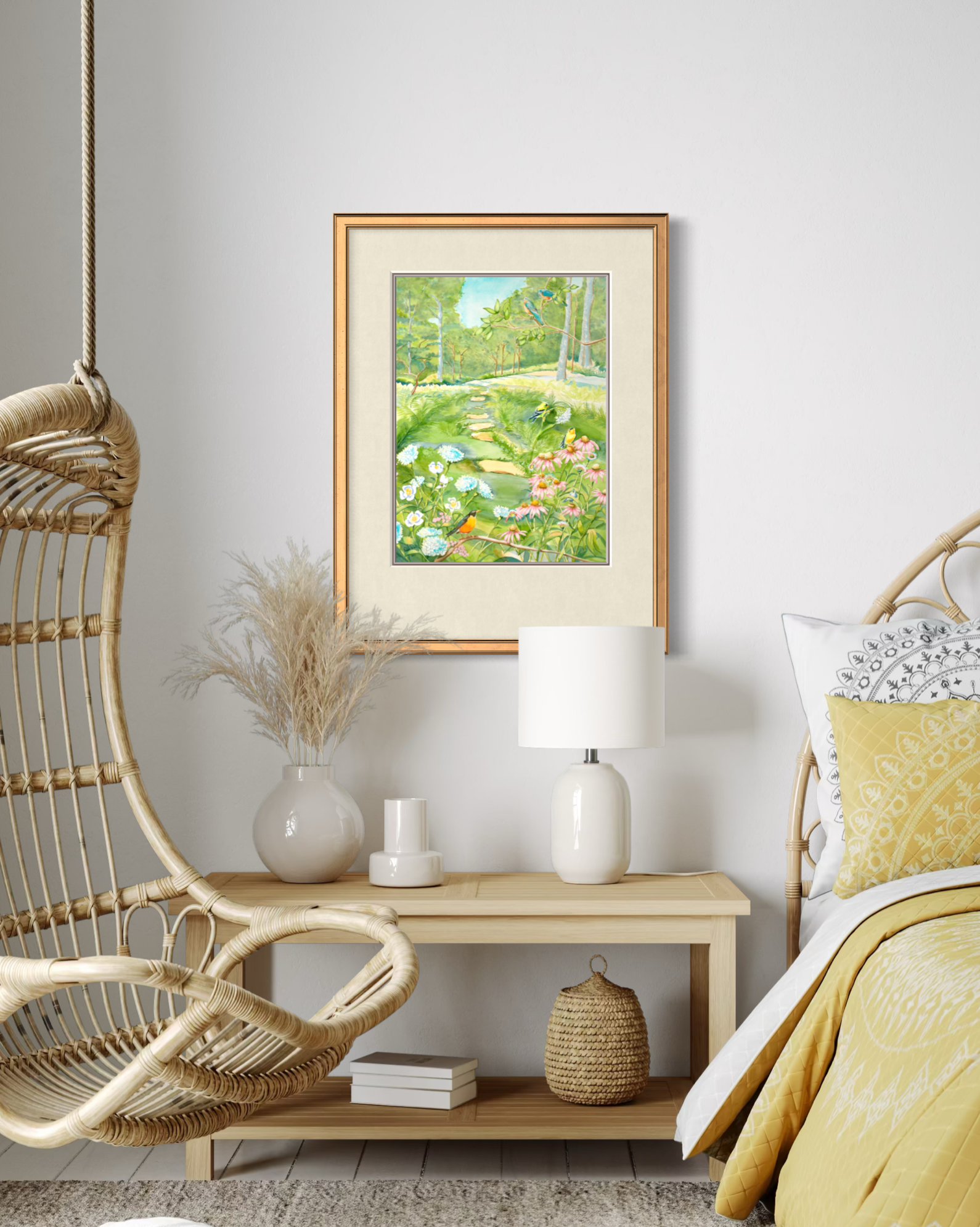 Midwest Garden watercolor print by Pamela Hallock framed in a bright cottage bedroom with wicker furniture and yellow accents.