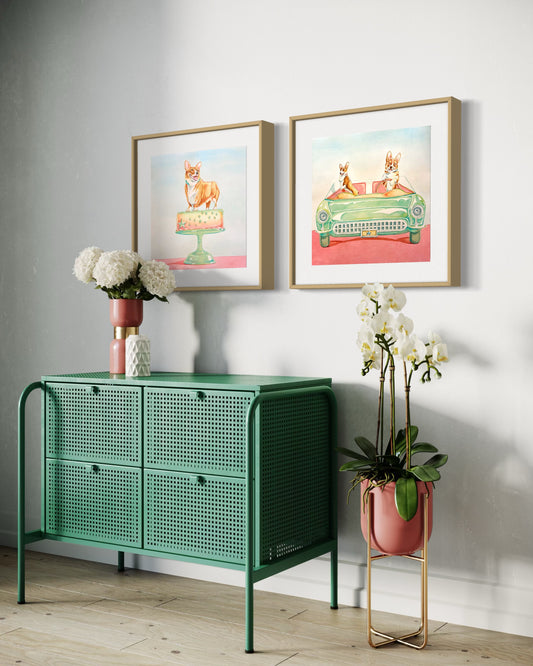 "Corgi Car" – Corgi Watercolor Print in 1957 Chevy | Dog Lover Fine Art by Pamela Hallock