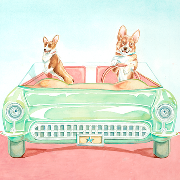 Corgi Car, Watercolor Print