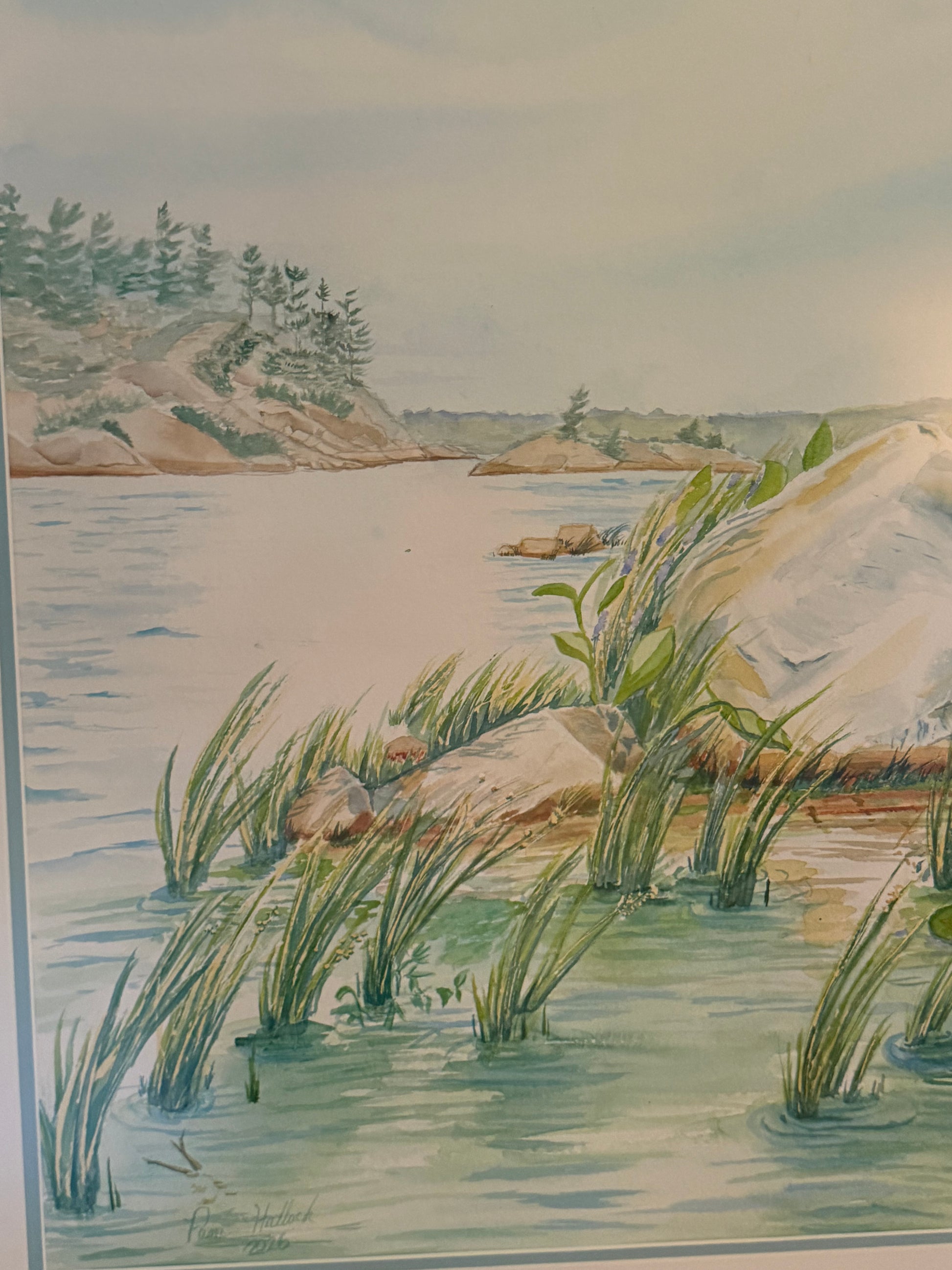 Close-up of the original watercolor painting Granite and Wind by Pamela Hallock, showcasing the granite shoreline, native shoreline grasses, lily pads, and tranquil waters of Georgian Bay, Ontario.