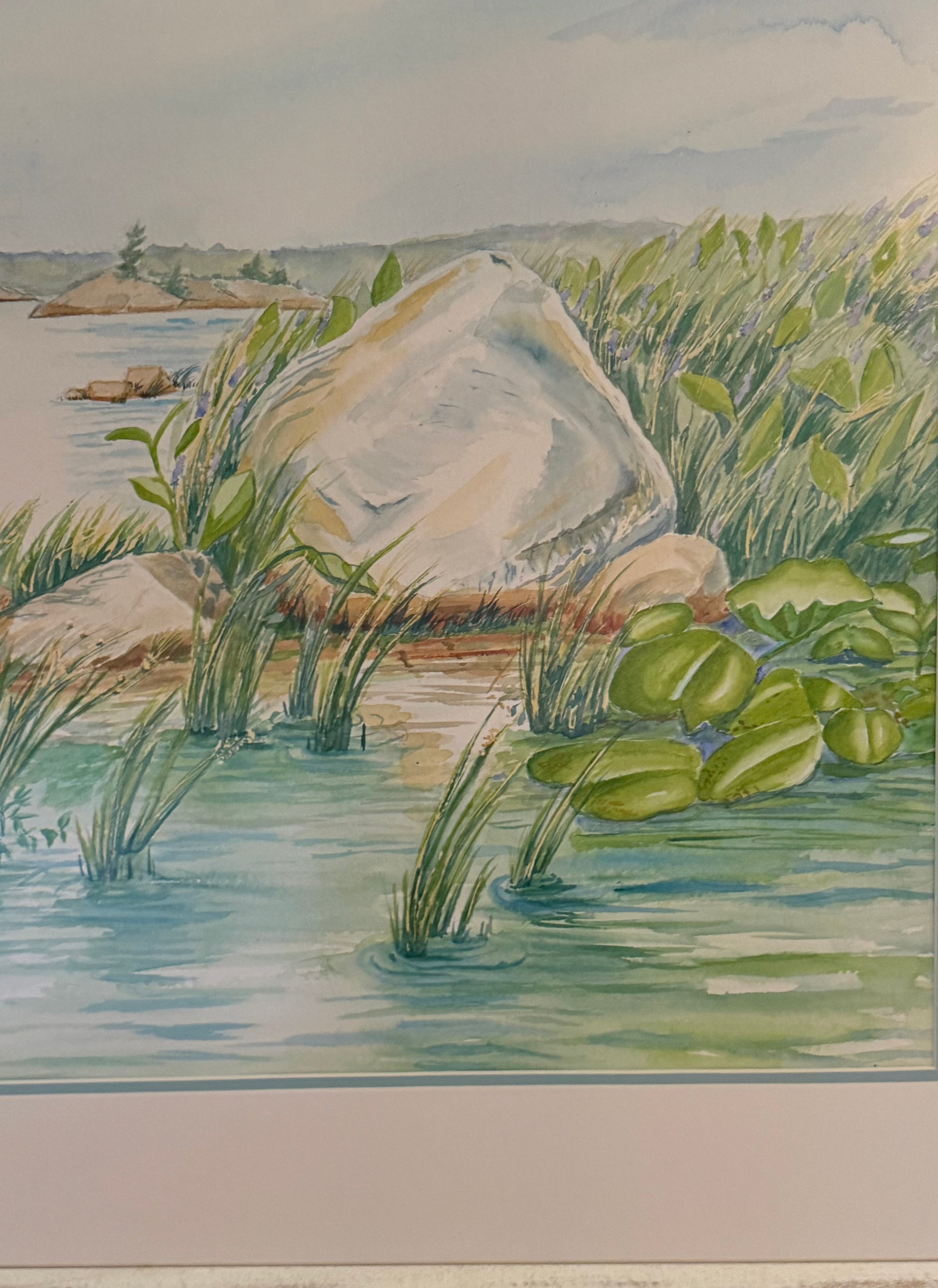 Close-up of the original watercolor painting Granite and Wind by Pamela Hallock, showcasing the granite shoreline, native shoreline grasses, lily pads, and tranquil waters of Georgian Bay, Ontario.