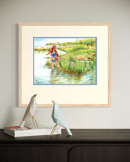 "Frogging", Girl with Pink Minnow Net Watercolor Print | Georgian Bay