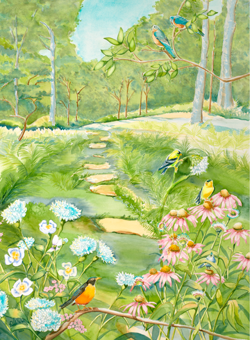 Midwest Garden watercolor by Pamela Hallock featuring a robin, goldfinches, bluebirds, a titmouse, pink coneflowers, white poppies, and summer greenery.