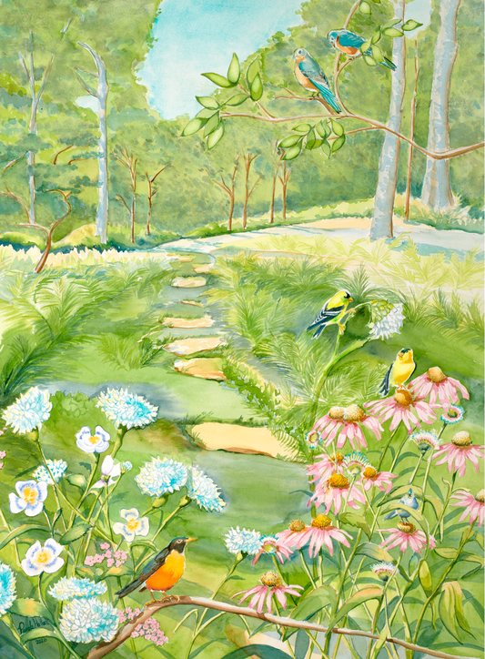 Midwest Garden watercolor by Pamela Hallock featuring a robin, goldfinches, bluebirds, a titmouse, pink coneflowers, white poppies, and summer greenery.