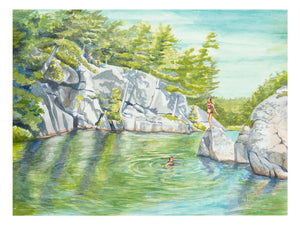 This is a watercolor by Pam Hallock depicting a favorite local swimming and diving local . Hole-in-the Wall is a Canadian Park in Georgian Bay
