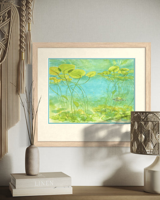 "Lilies in Frog Bay", Lilies in Frog Bay Watercolor Print | Turtle Fine Art