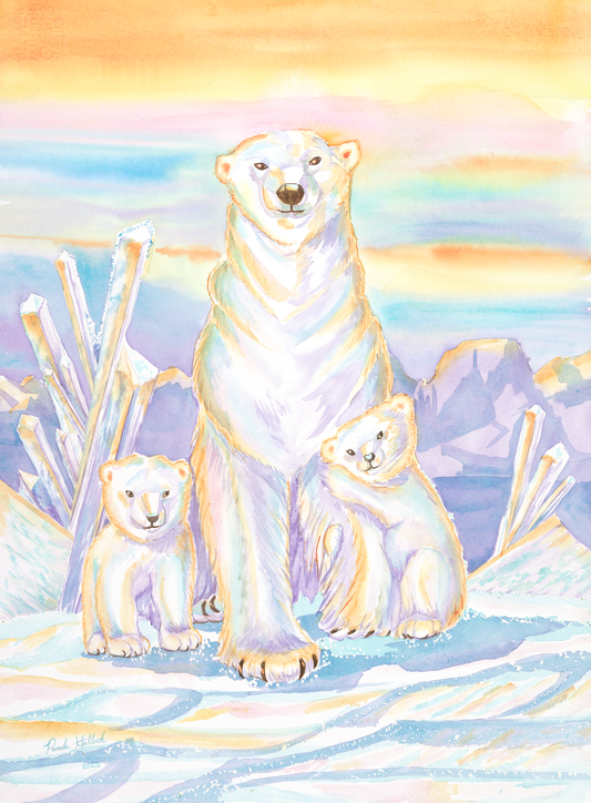 Watercolor painting of a mother polar bear walking with two cubs at sunset in the Arctic, glowing pastel sky and icy landscape.
