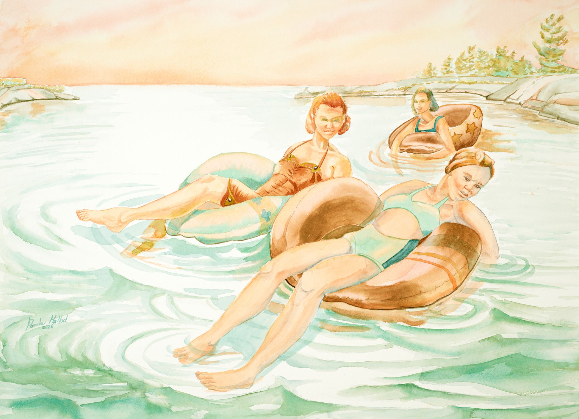 Pink Skies watercolor painting of two figures floating on inner tubes in calm water at sunset, Georgian Bay reflections with soft pink sky and gentle ripples