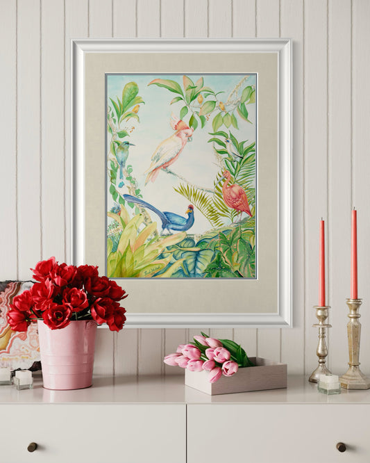 "Songs of Friendship", Jungle Birds Watercolor Print | Exotic Tropical Bird Art
