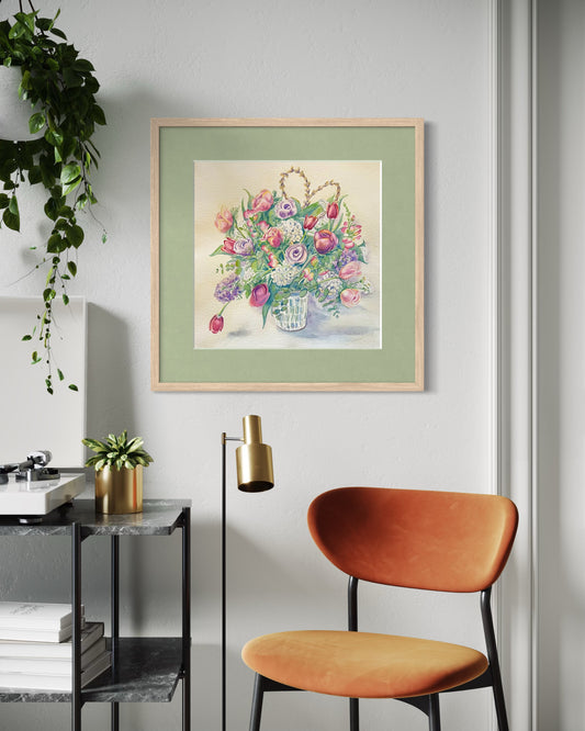 "Spring Bouquet"– Romantic Floral Watercolor Print | Antique Roses & Snapdragons Fine Art by Pamela Hallock