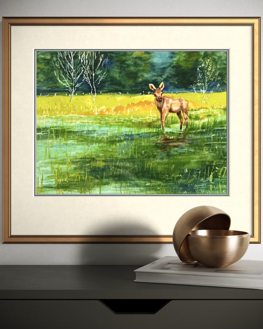 Moose Calf Surprise | Watercolor Wildlife Art Print by Pamela Hallock | Georgian Bay Watercolors