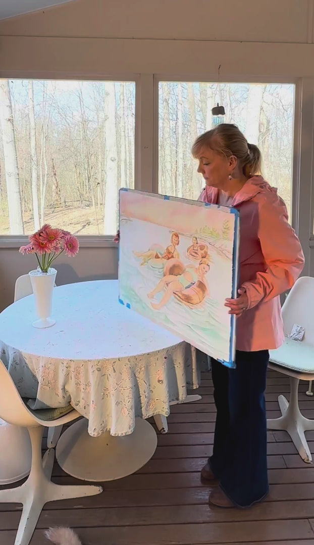 Artist Pamela Hallock introducing her original figurative watercolor painting "Pink Skies" and sharing the inspiration behind the artwork in a short gallery presentation.