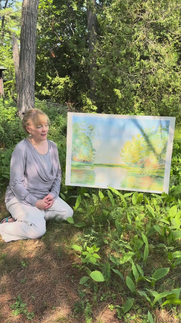 Video featuring artist Pamela Hallock outdoors on Georgian Bay, sharing the landscape and inspiration behind the original watercolors Pink Skies, Granite & Wind, and Turtle Bay.