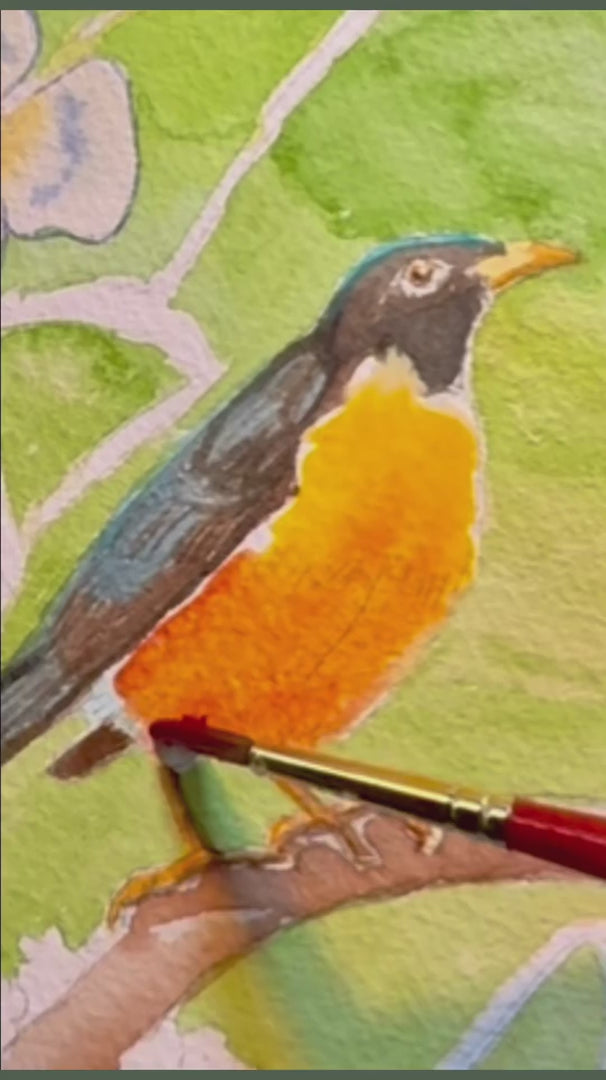 Close-up of robin detail from Midwest Garden watercolor by Pamela Hallock