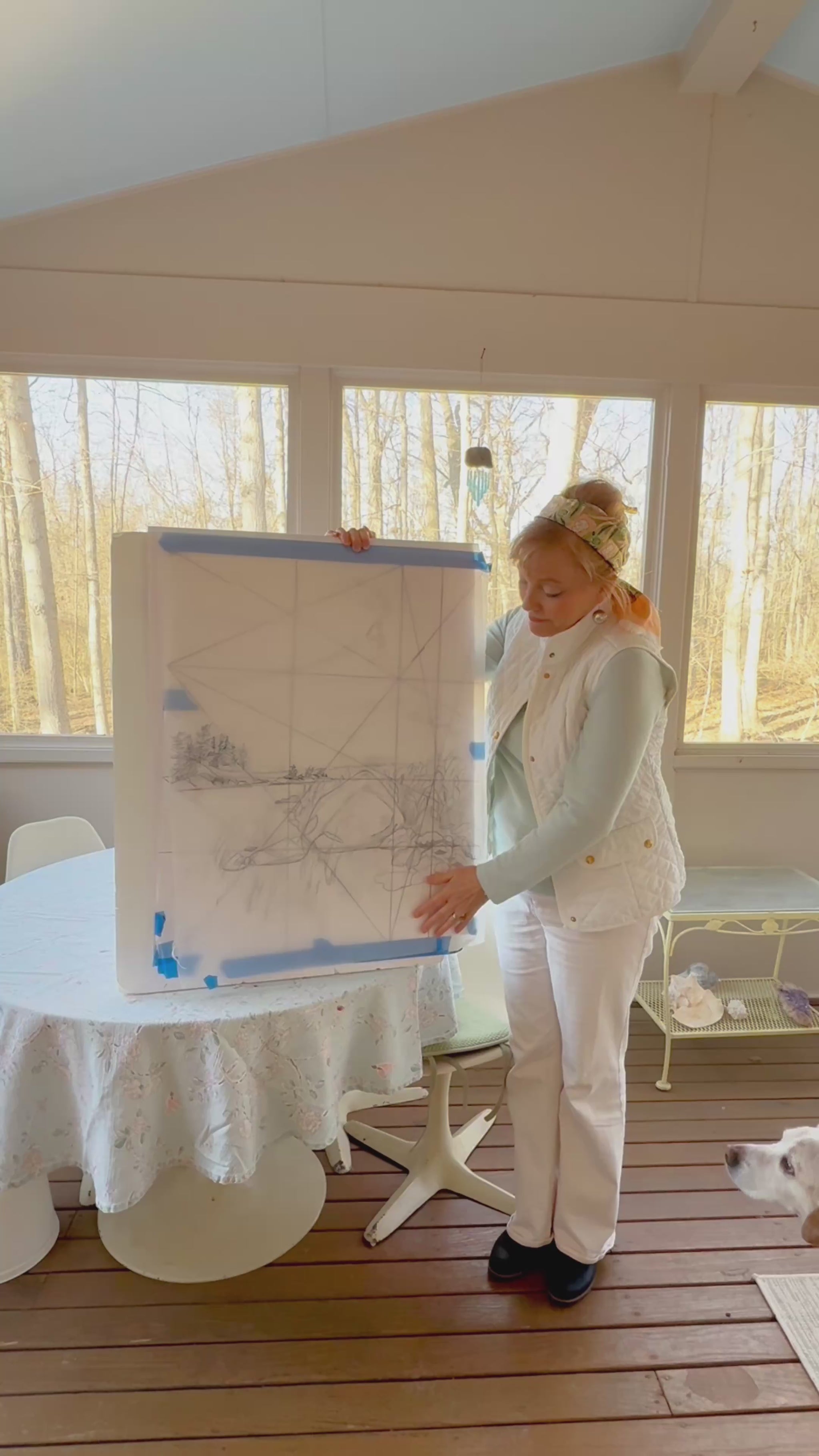 40-second video of artist Pamela Hallock describing the inspiration and design process behind her original watercolor painting, Granite & Wind. The video shows the informal grid, preliminary sketch, painting process, and completed Georgian Bay landscape featuring ancient granite, shoreline grasses, and calm Lake Huron waters.
