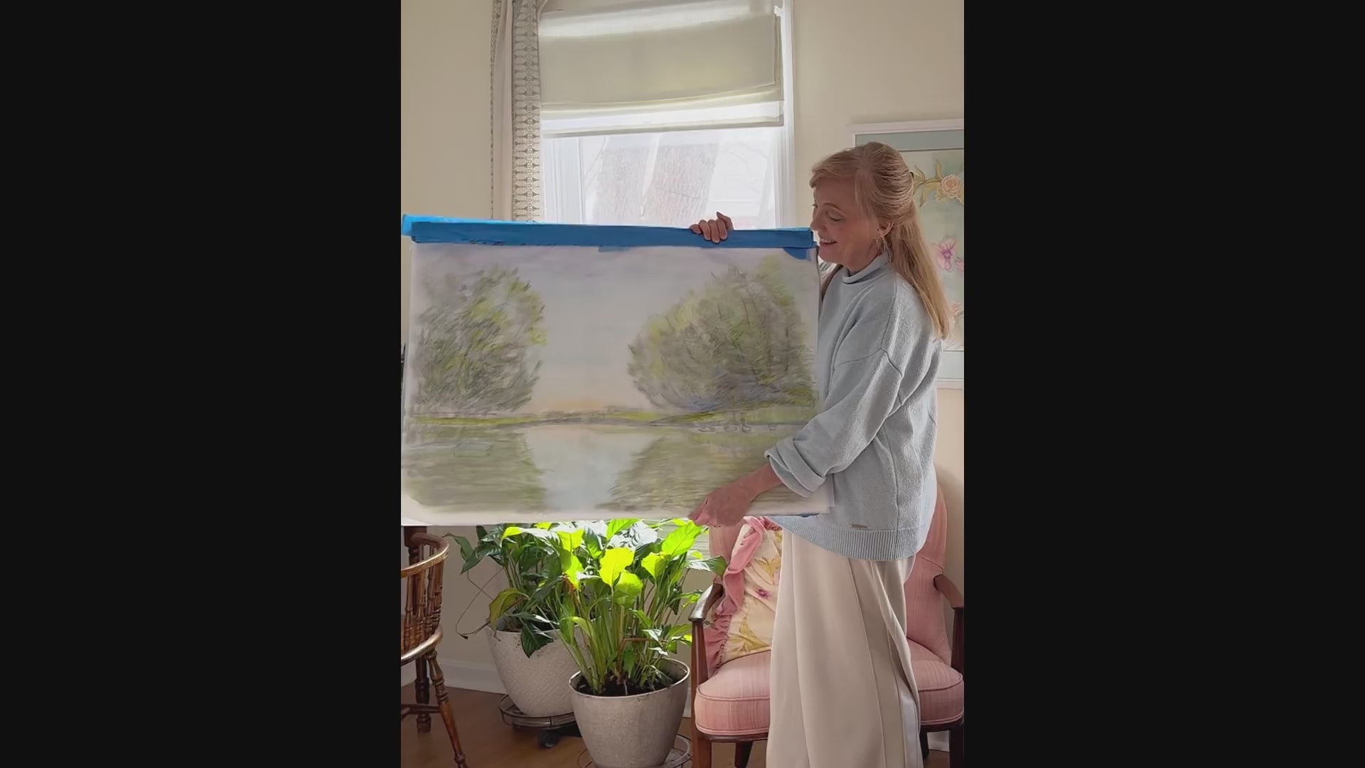 Artist Pamela Hallock presents the original pencil sketch for her watercolor painting "Turtle Bay," revealing the early design before the finished artwork.