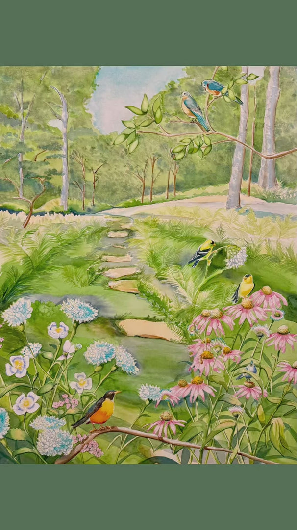 Close-up painting details of birds, flowers, and greenery in Midwest Garden