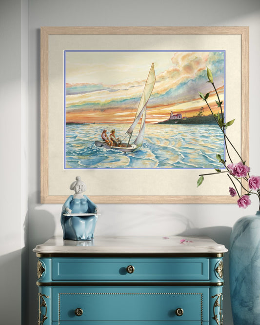"Lighthouse for Sunset", Watercolor Print | Sailing Fine Art