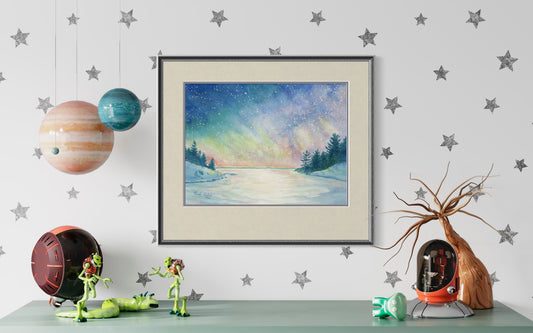"Winter Sky",  Lake Huron Winter Sky Watercolor Print | Northern Lights Art